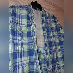 Columbia Men's Blue and Green Plaid Shirt